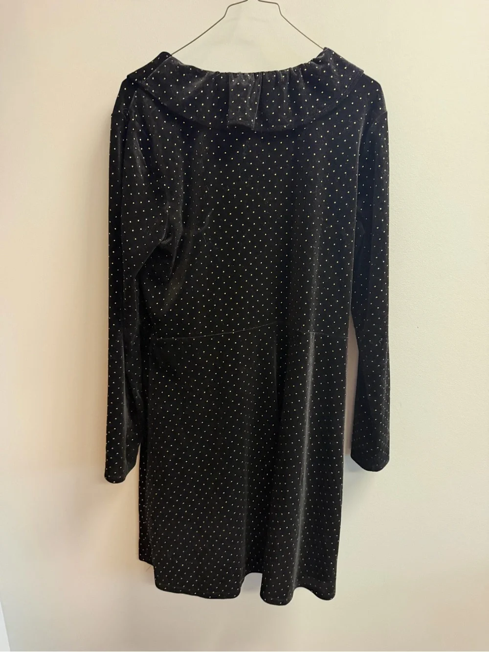 Michael Kors Black Velvet Long-Sleeve V-Neck Dress with Gold Dot Detail